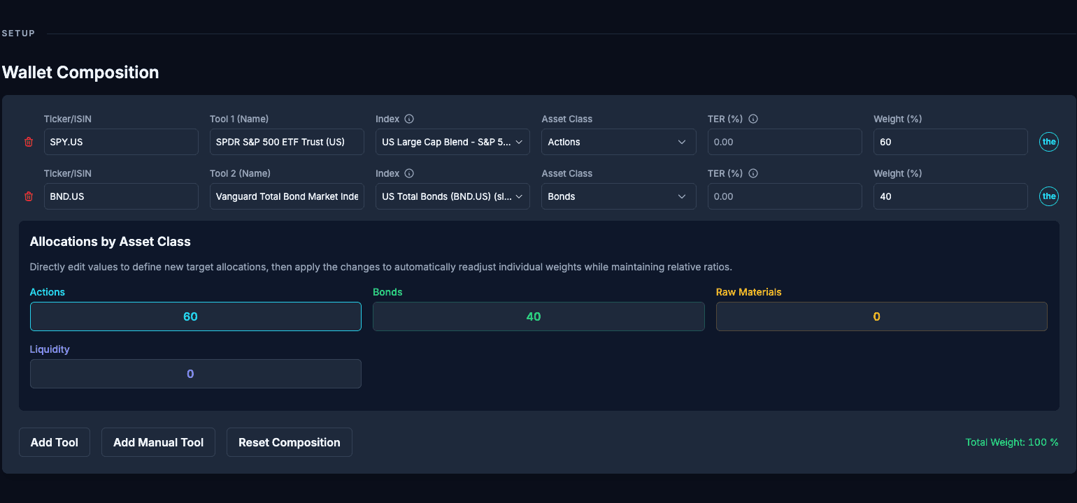 Portfolio composition form with ETF rows (ticker, index, asset class, TER, weight).