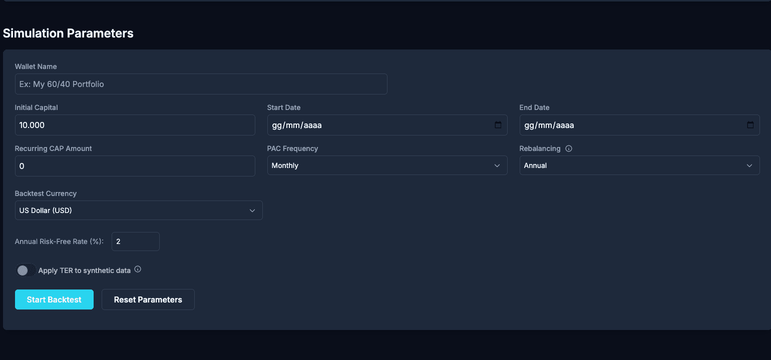 Simulation parameters panel (initial capital, rebalancing, currency, historical window).